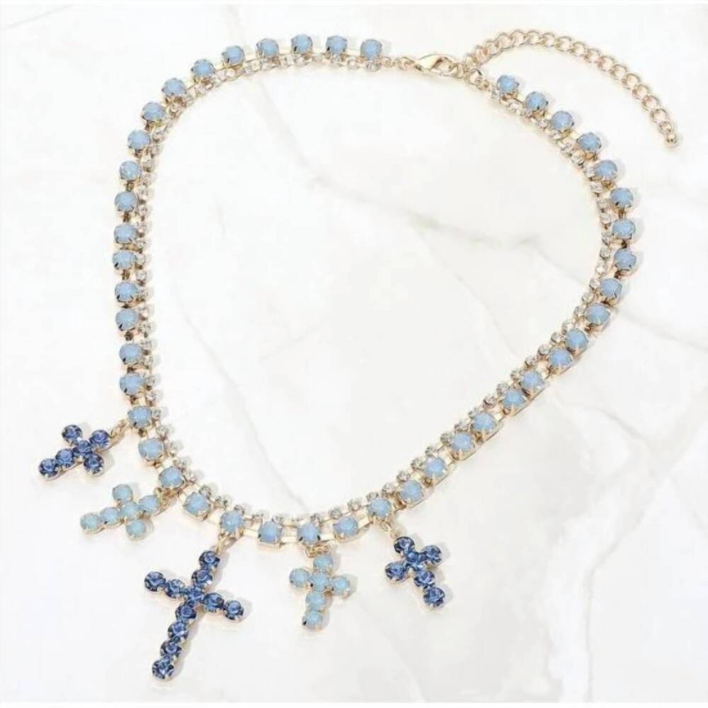 NEW JOSSLYN BY WALL TO WALL women's crystal cross charm statement necklace in bl